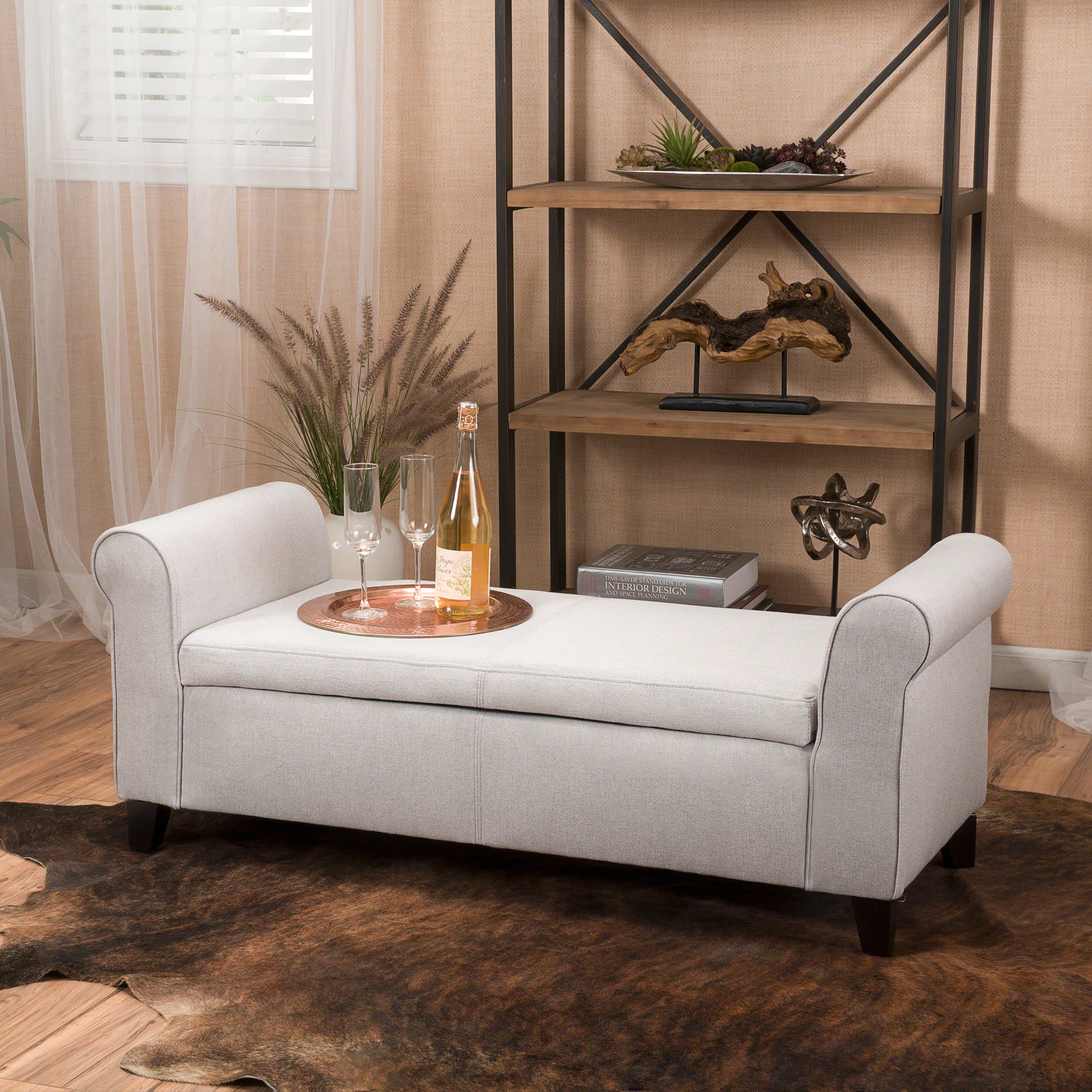 Danbury Contemporary Fabric Upholstered Storage Ottoman Bench with Rolled Arms