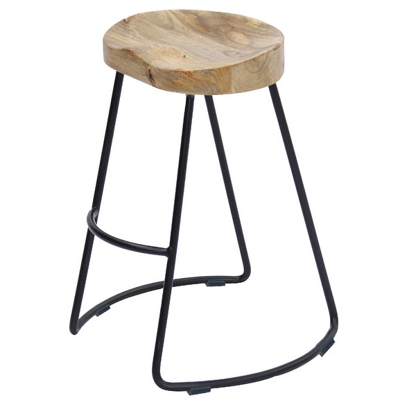 Ela 30 Inch Mango Wood Bar Stool， Saddle Seat， Iron Frame， Brown and Black