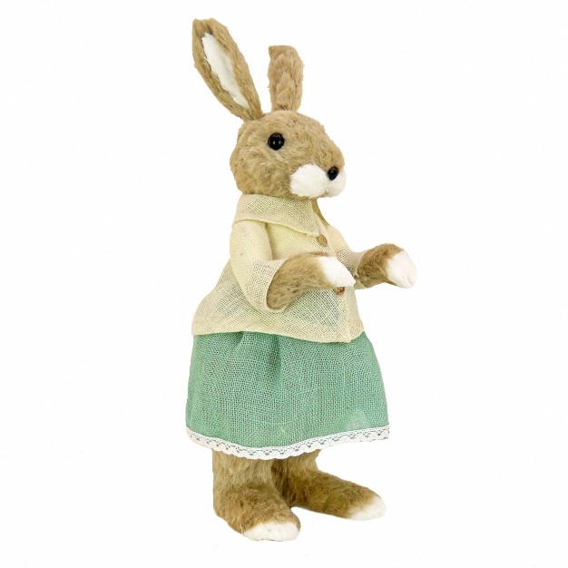 National Tree Company Standing Bunny Table Decoration Soft Straw With Foam Base Buttoned White Blouse And Teal Skirt Easter Collection 24 Inches