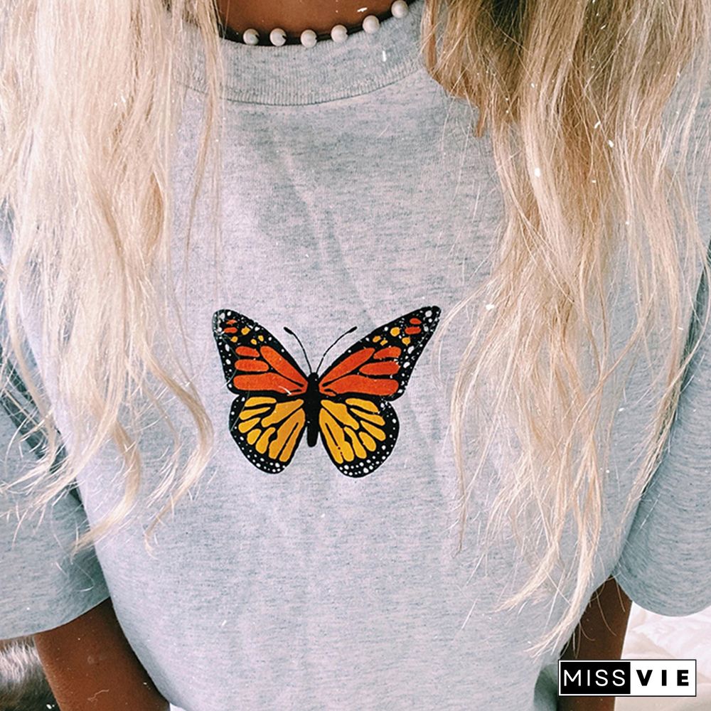 Casual Grey Butterfly Print T-Shirt