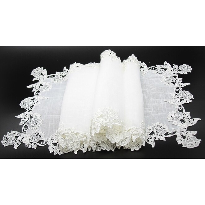 English Rose Lace Trim Table Runner  16 by 72 Inch  White