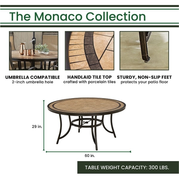 Hanover Monaco 7Piece Outdoor Dining Set with 6 Sling Swivel Rockers and a 60in. TileTop Table