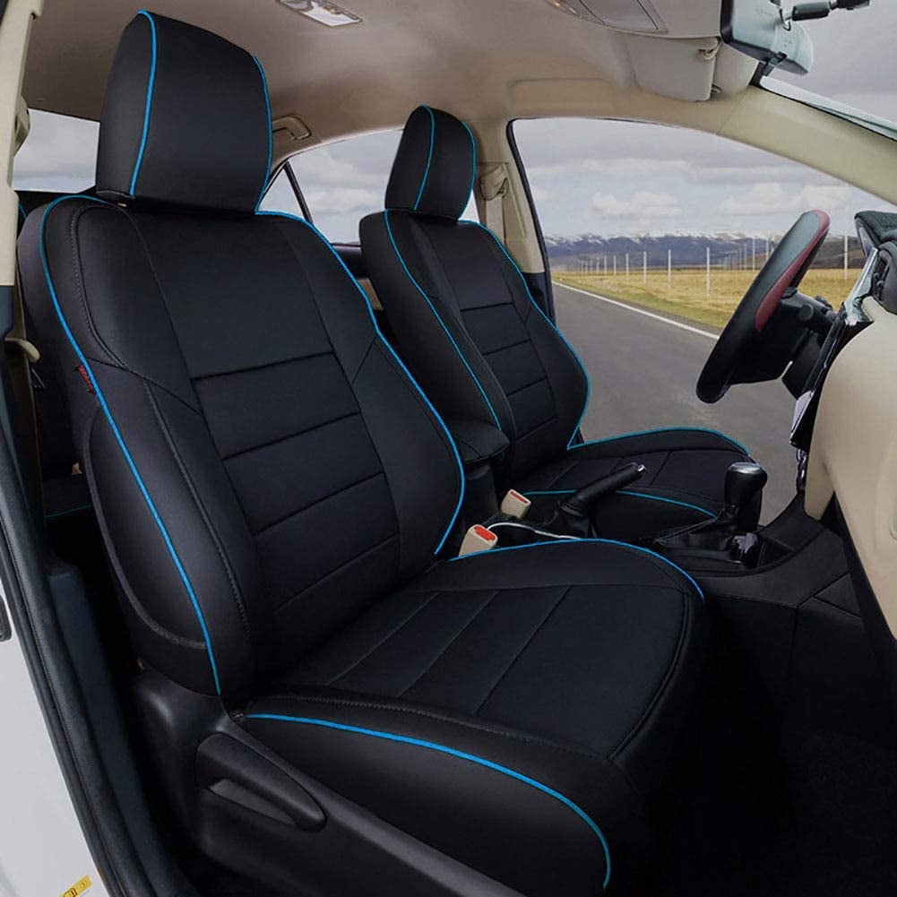 EKR Custom Fit Corolla Car Seat Covers for 2014-2019 Toyota Corolla L LE LE Eco XLE Sedan - Full Set Leather(Black with Blue Trim)