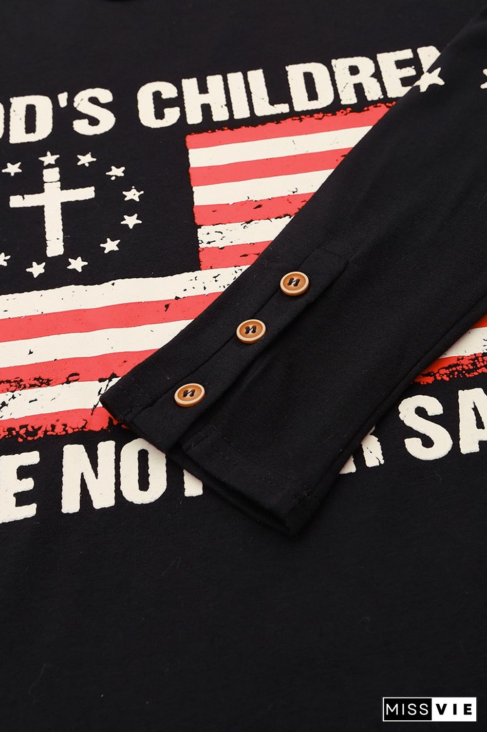 Letter & Flag Pattern Button Cuff T-Shirt