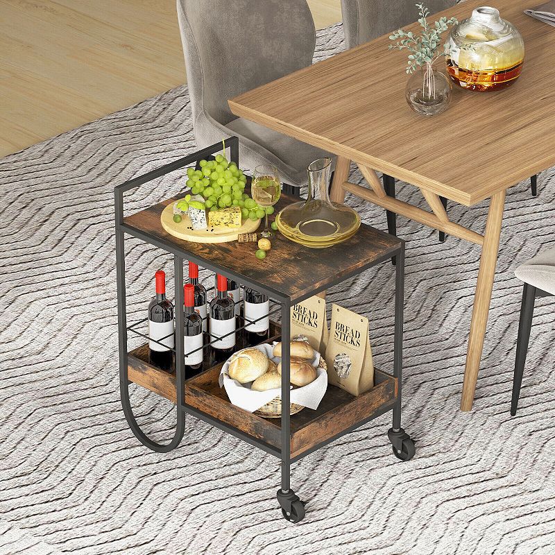 Rolling Buffet Serving Cart With Removable Metal Wire Wine Rack-brown