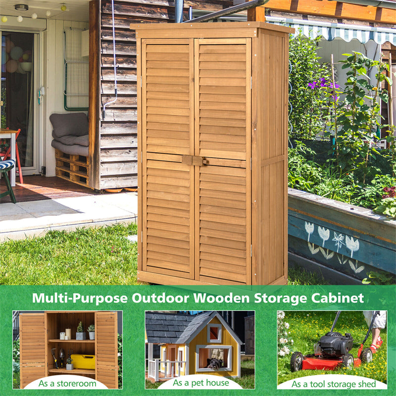 63¡± Outdoor Wood Storage Cabinet Garden Tool Shed with Double Lockable Doors 3 Shelves Asphalt Roof