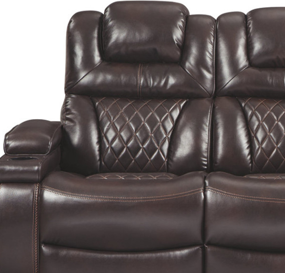 Leatherette Metal Power Reclining Sofa With Adjustable Headrest  Brown   Contemporary   Sofas   by Benzara  Woodland Imprts  The Urban Port  Houzz