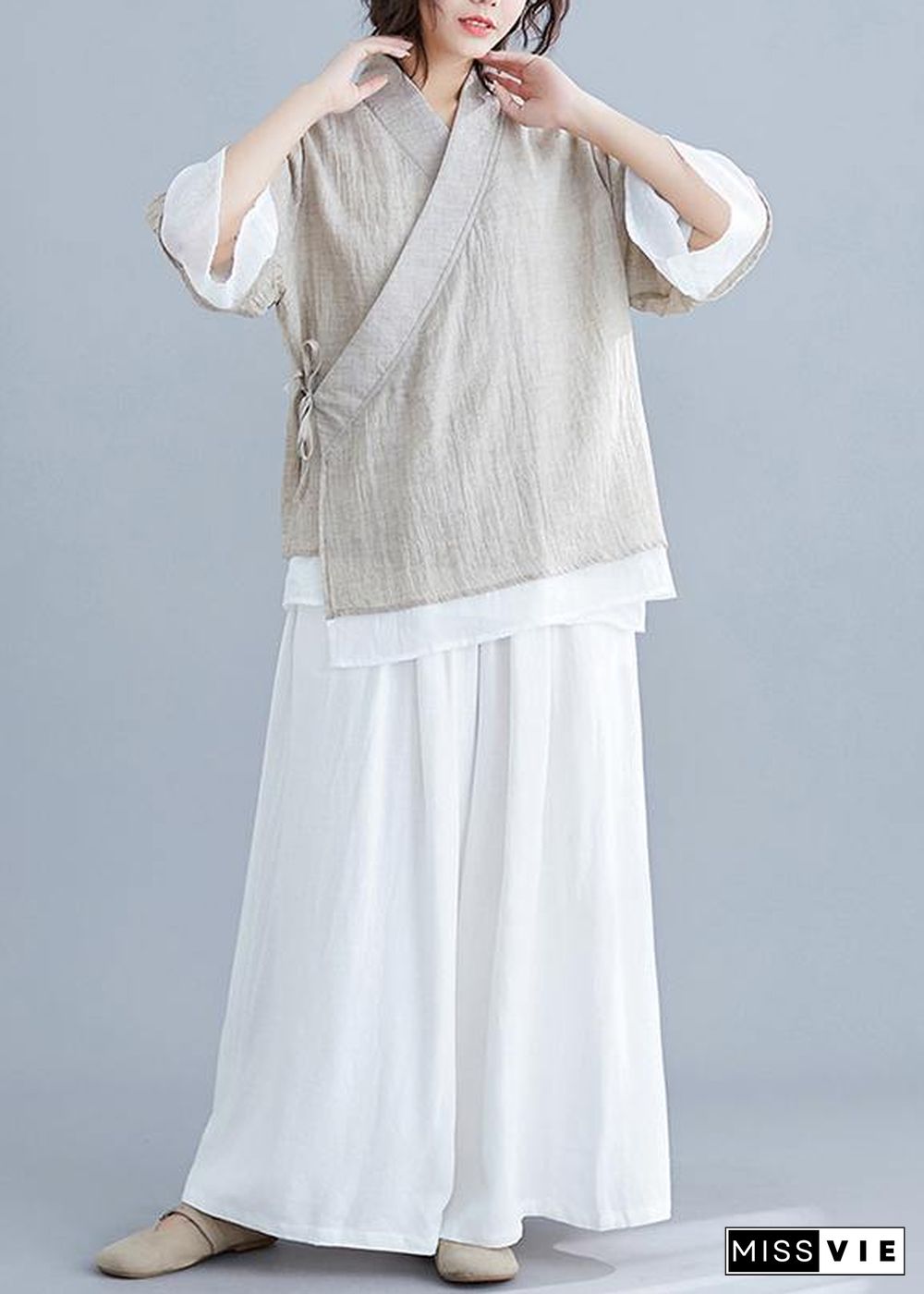 diy v neck half sleeve cotton linen clothes For Women nude blouses summer