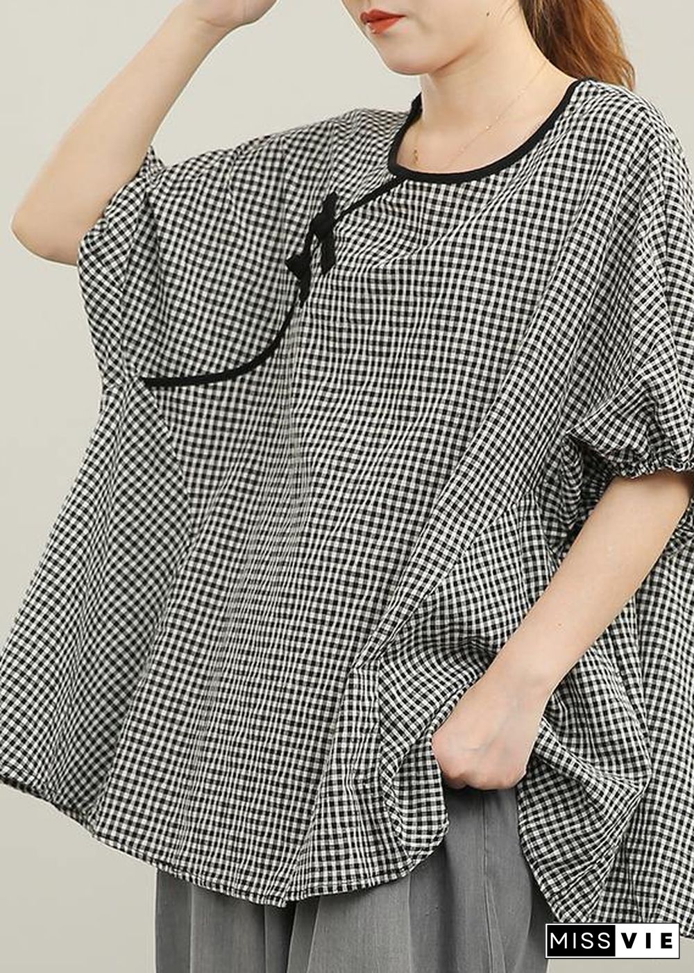 Handmade Black Plaid Button Cotton Shirt Top Summer