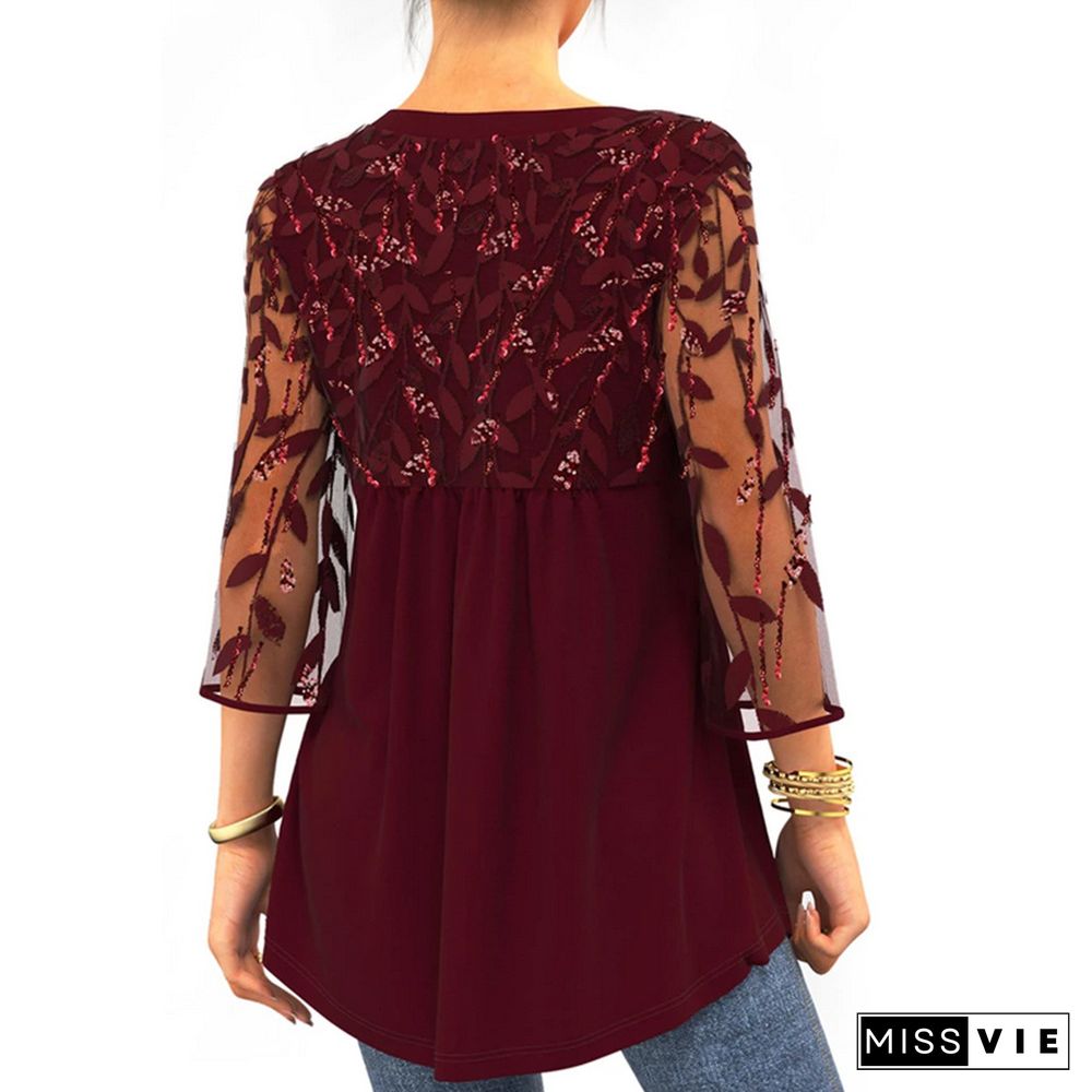 Autumn Lace Beads Hot Sale Three-quarter Sleeve Plus Size T-shirt