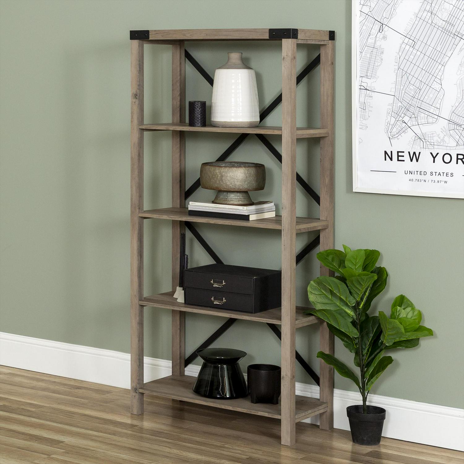 Desert Fields Rustic Industrial 4-Shelf Bookshelf， Gray Wash