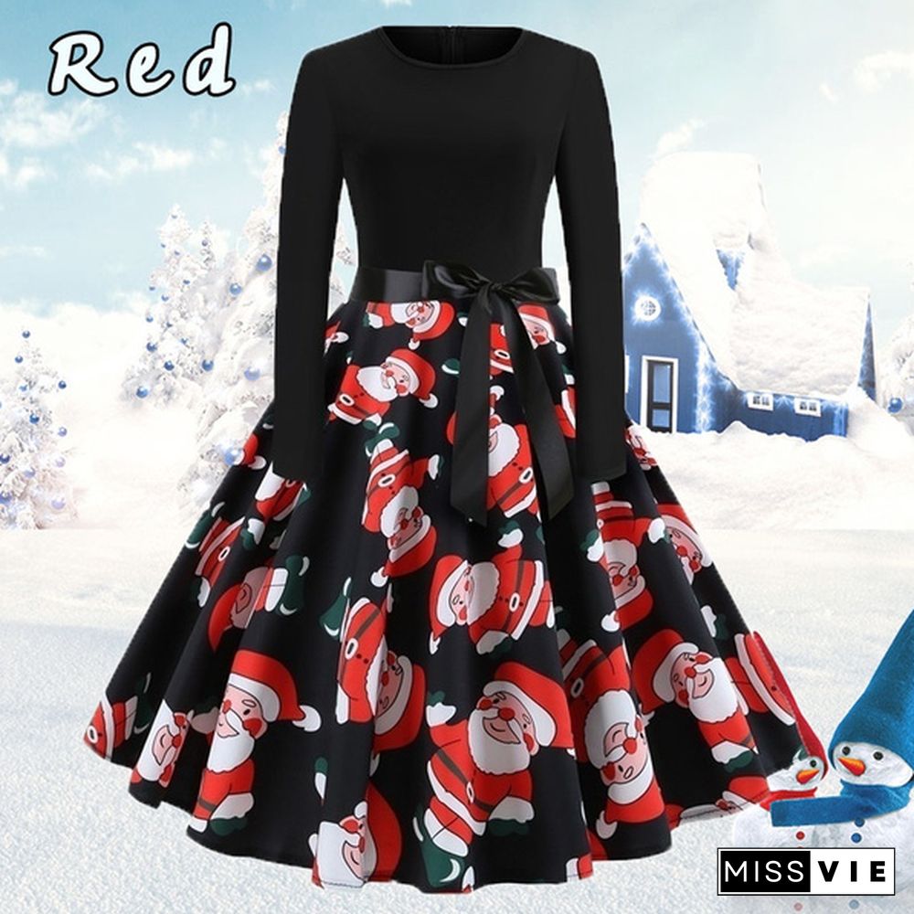 Dresses for Women Party Christmas Round Neck Belt Prom Dresses Halloween Costumes Long Sleeve Dresses Elegant Pumpkin Santa Claus Printed Evening Pleated Dresses