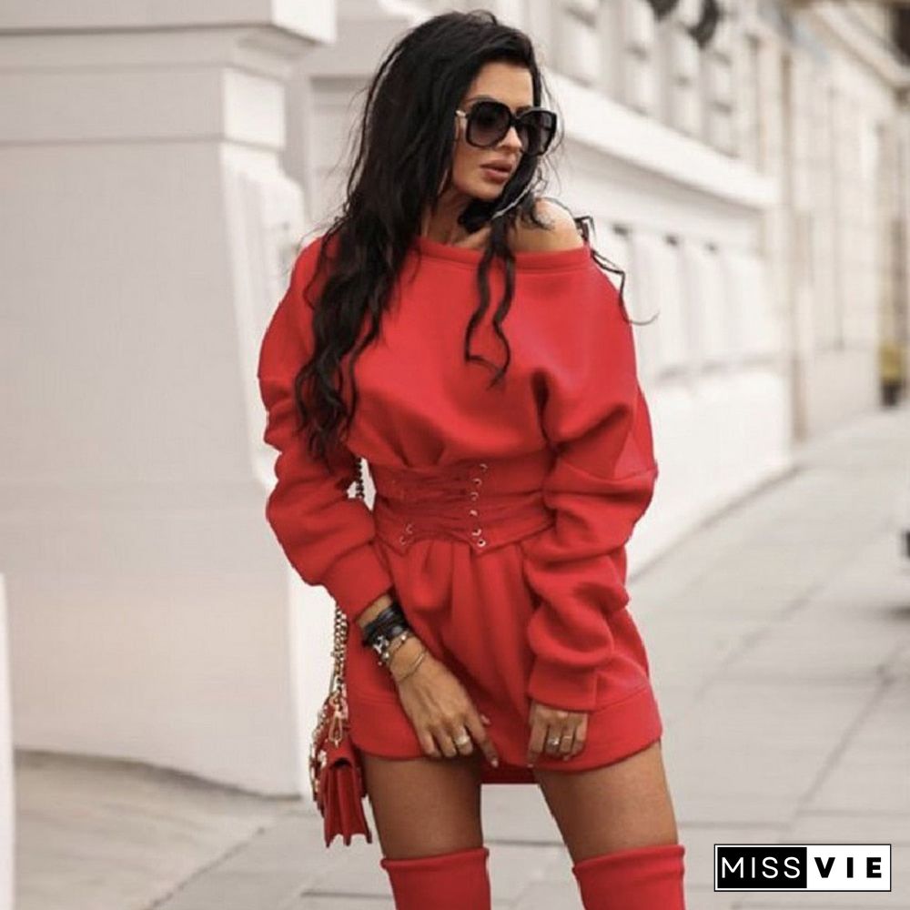 Sale Sweatshirt Dress Winter Women Fashion Long Sleeve Bandage Dress Stylish Solid Color Female Hoodie Dress Mini Ropa Mujer D30