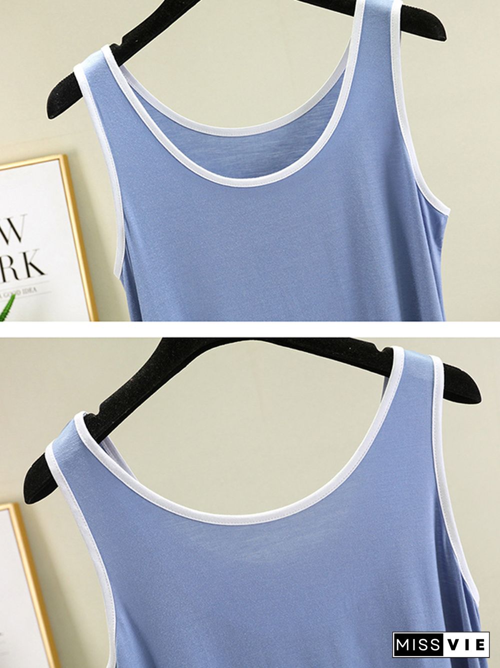 Home Wear Loose Sleeveless Contrast Color Round-Neck Vest&Shorts Pajamas Set