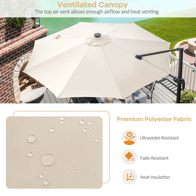 10 FT Cantilever Offset Patio Umbrella 28 Solar LED Lighted Market Umbrella with 3-Tilt Position, Crossed Base