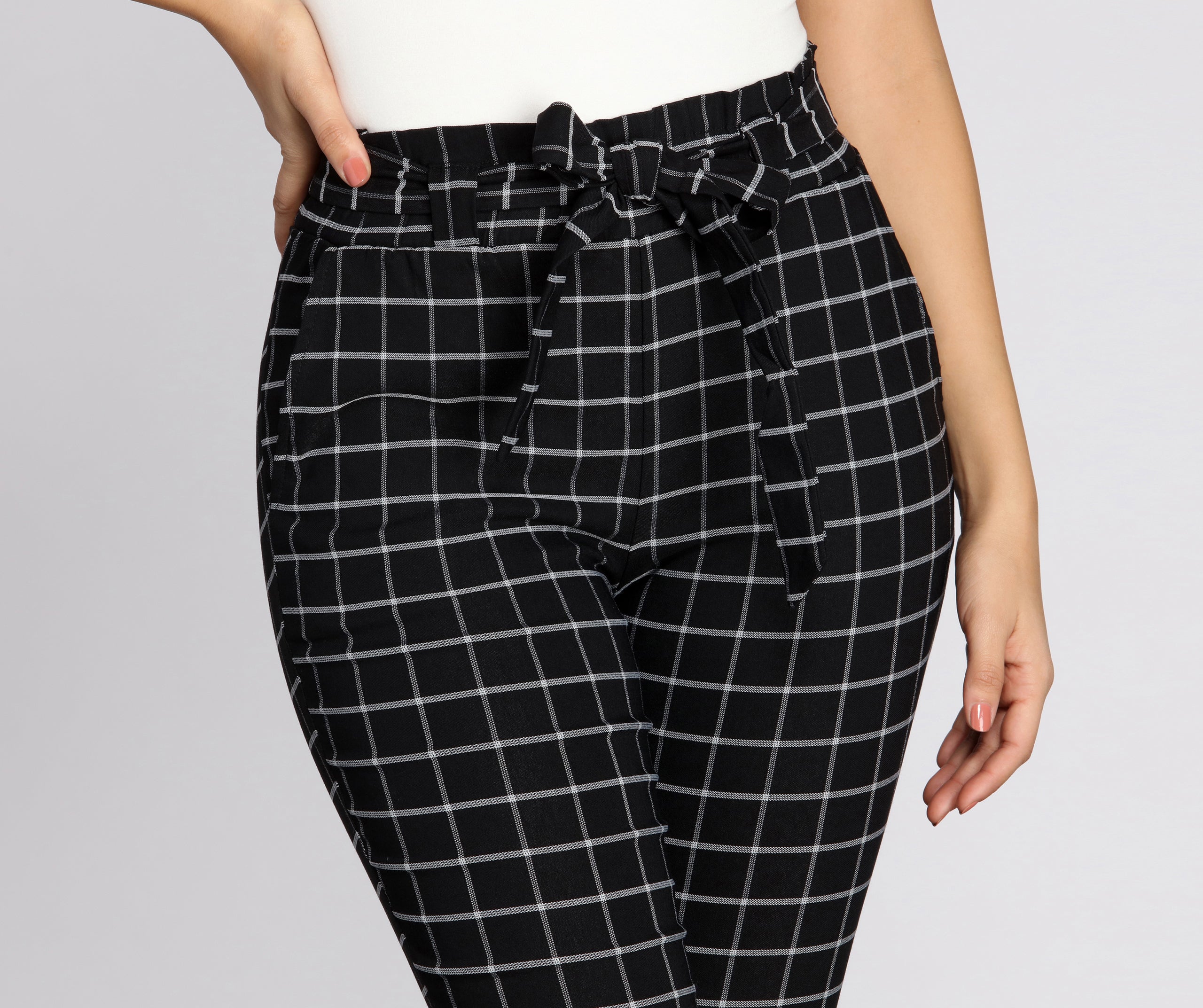 Plaid Paper Bag Tie Waist Skinny Pants