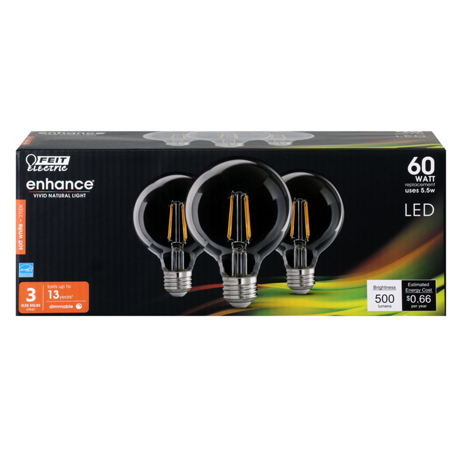 Feit Enhance G25 E26 (Medium) Filament LED Bulb Soft White 60 Watt Equivalence 3 pk