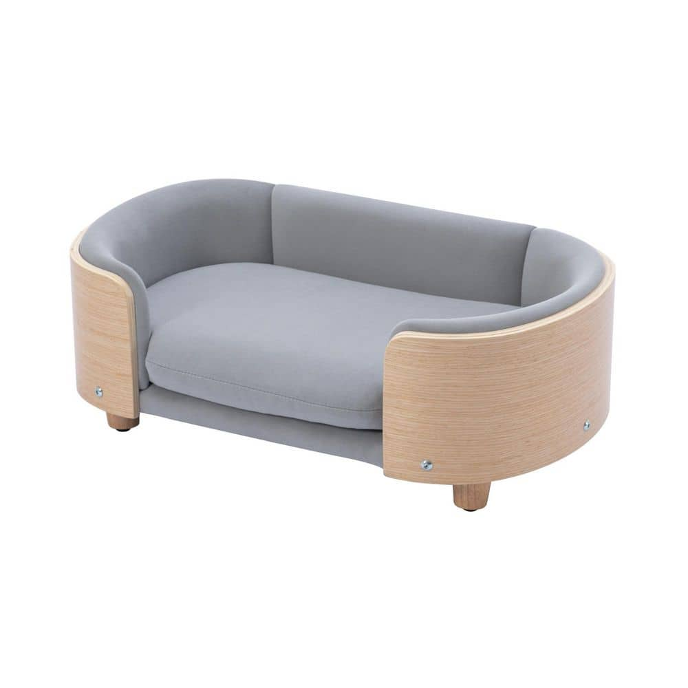 38.58 in. W Dog Bed Pet Sofa With Solid Wood Legs and Bent Wood Back Velvet Cushion Walnut in Light Gray DOGBED368KANS