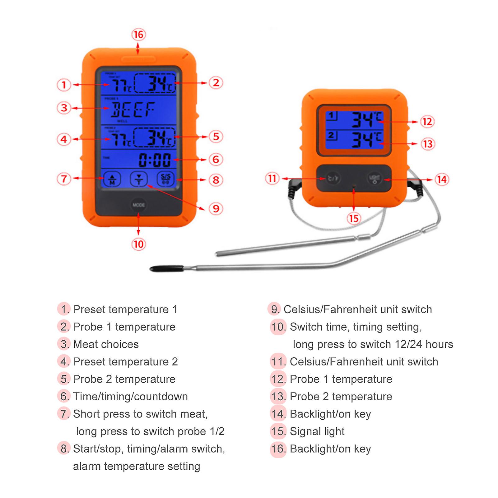 Orange Wireless Digital Meat Thermometer For Grilling Smoker Bbq Grill Oven Thermometer With Dual Probe Kitchen Cooking Food Thermometer