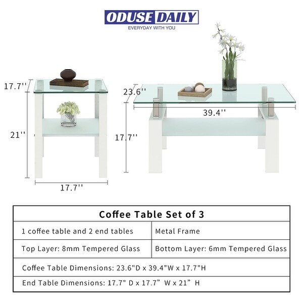 Glass Coffee Table Set of 3 Piece for Living Room， Modern Design Living Room Tables Set， Rectangle - as picture