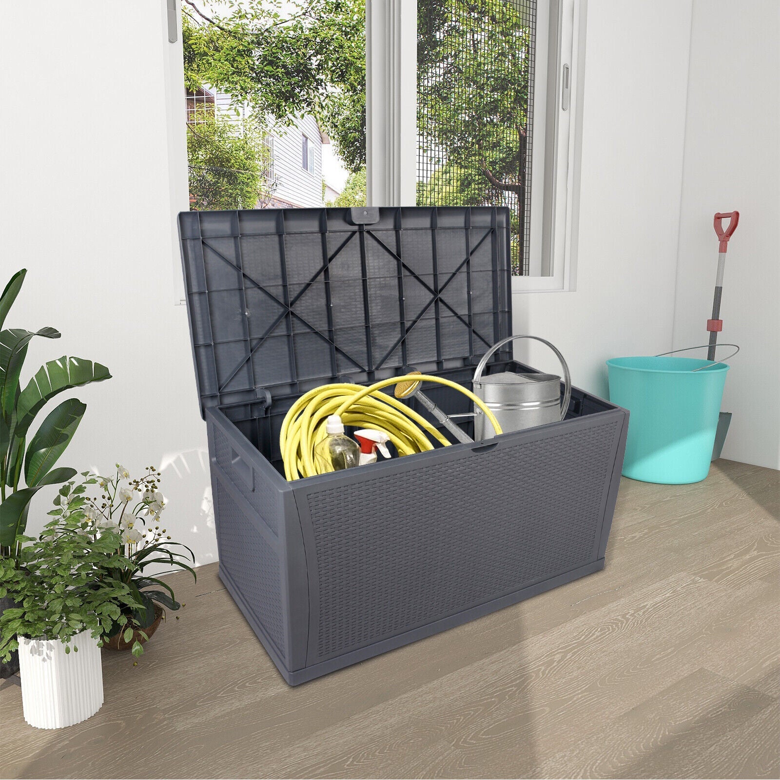 120 Gallon Resin Deck Box Indoor Outdoor Storage Box with Lockable Lid for Patio Cushions, Toys, Garden Tools Gray