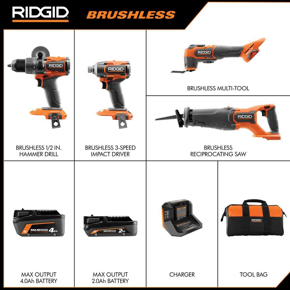 RIDGID 18V Brushless Cordless 4-Tool Combo Kit with (1) 4.0 Ah and (1) 2.0 Ah MAX Output Batteries 18V Charger and Tool Bag R9225