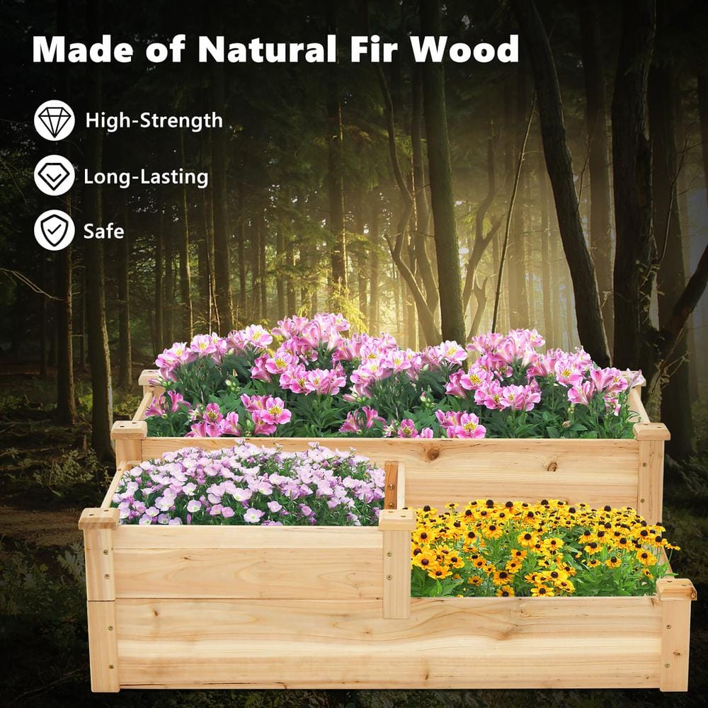 Gymax 3-Tier Outdoor Raised Garden Bed Fir Wood Elevated Flower Box Backyard GYM11364