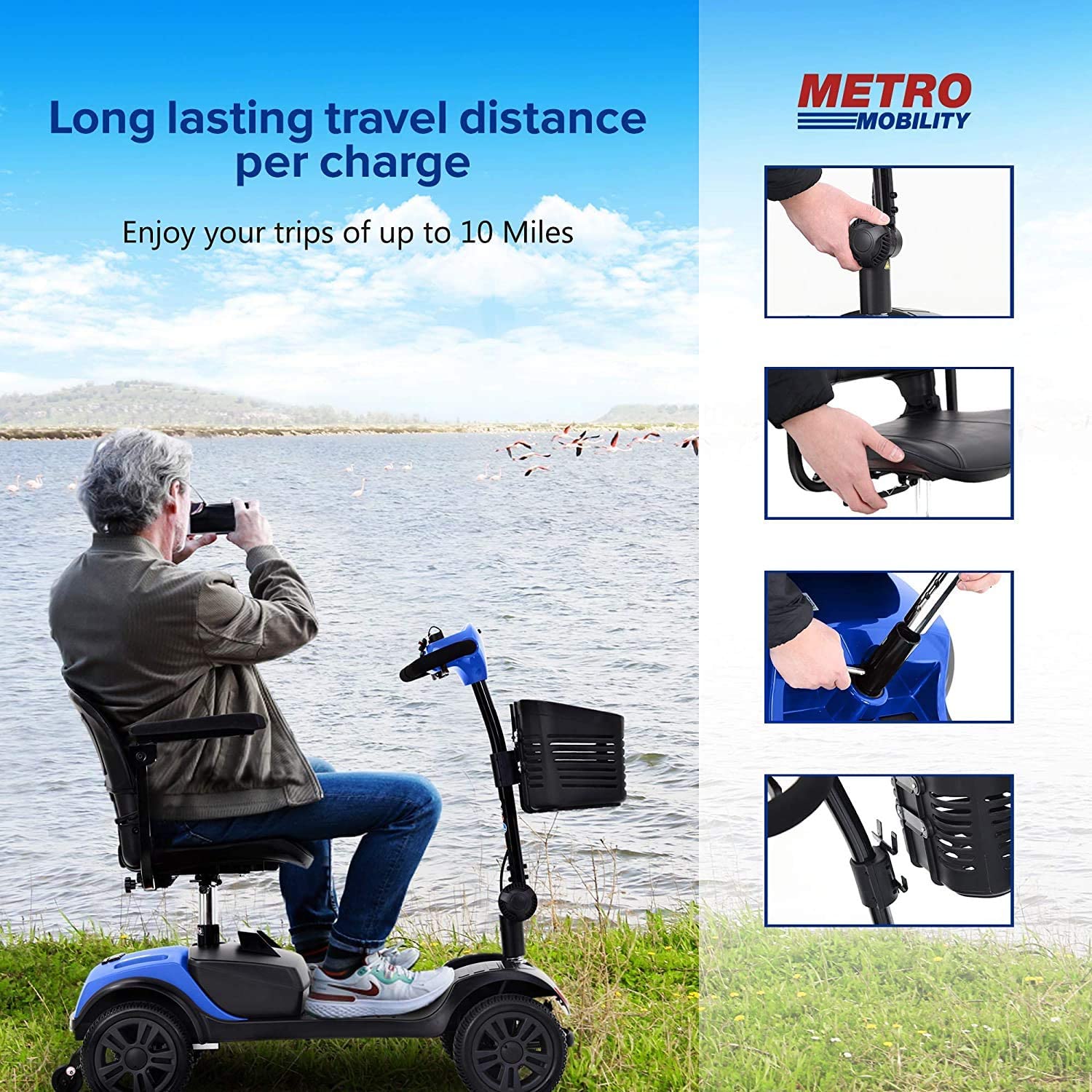 4 Wheel Mobility Scooter, Electric Wheelchair Device, Compact Heavy Mobility Scooter with Basket, Foldable in Boot Trunk for Traveling with Seniors (Blue)