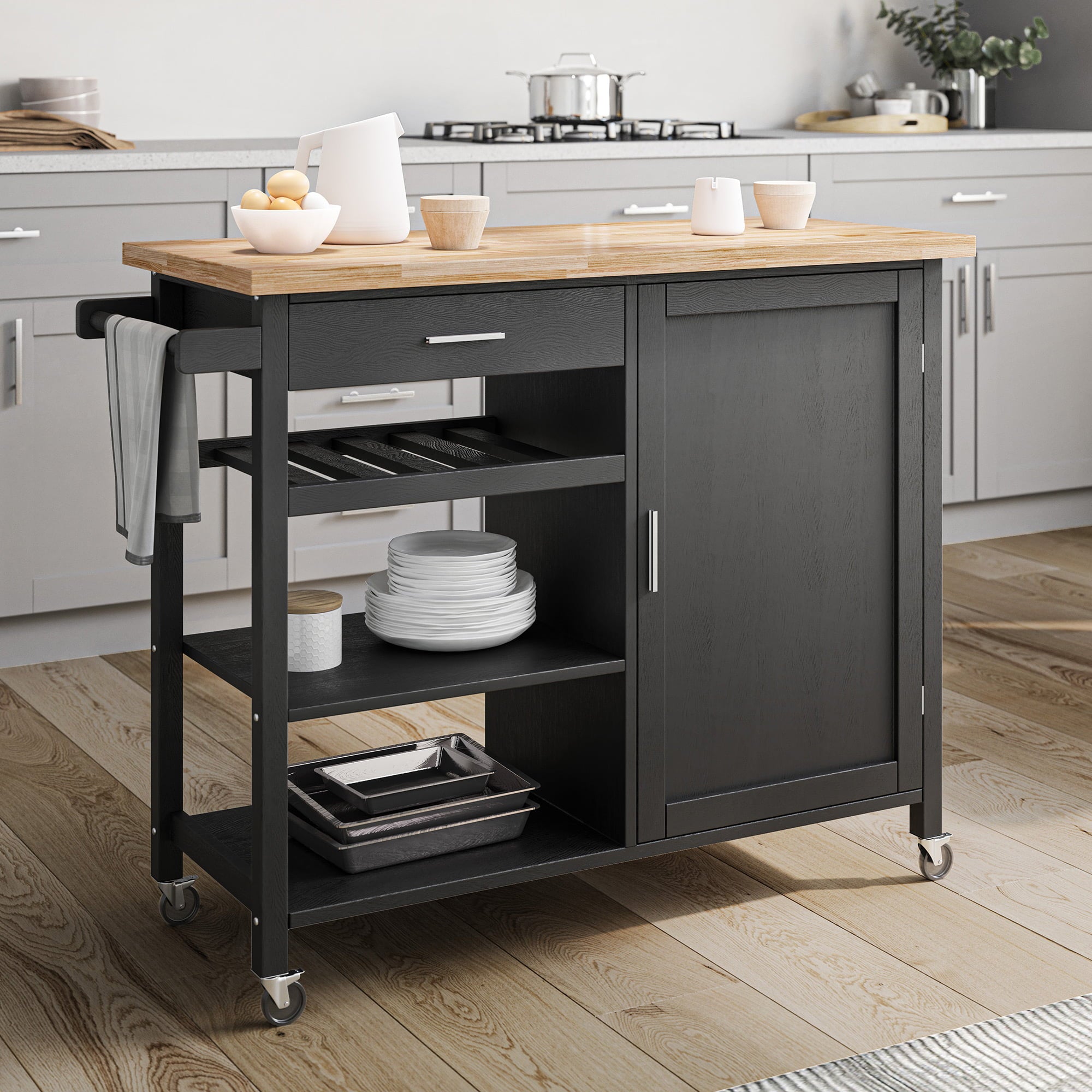 BELLEZE Rolling Kitchen Island Utility Cart with a Drawer - Sonoma (Black)