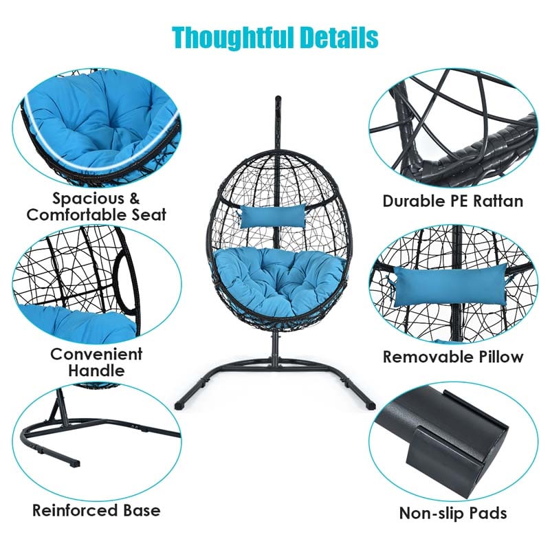 Outdoor Indoor Hanging Egg Chair Hammock Swing Chair with C Hammock Stand Set, Soft Seat Cushion & Pillow