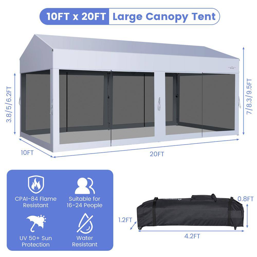 Costway 10 ft. x 20 ft. White and Black Pop-Up Canopy Party Tent Sidewalls Portable Garage Car Shelter Wheeled NP10836WH