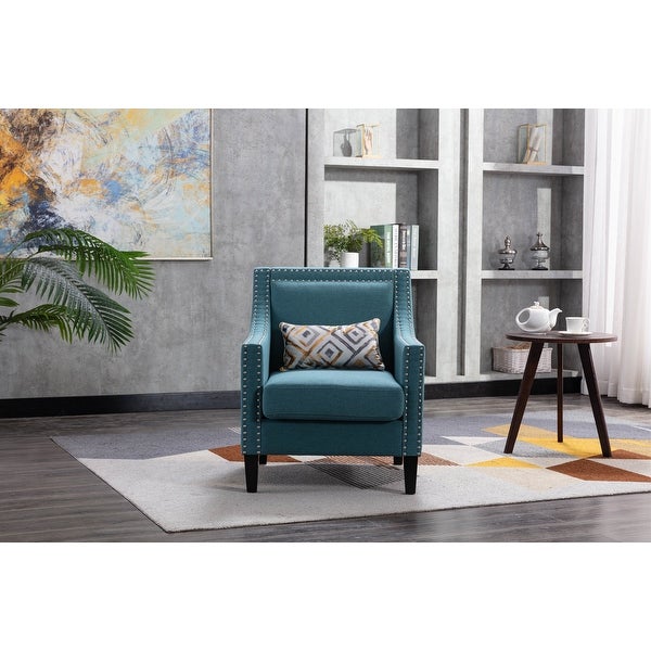 Modern Armchair Living Room Linen Fabric Padded Seat Accent Chair Removable Cushion Seat with Nailheads and Solid Wood Legs