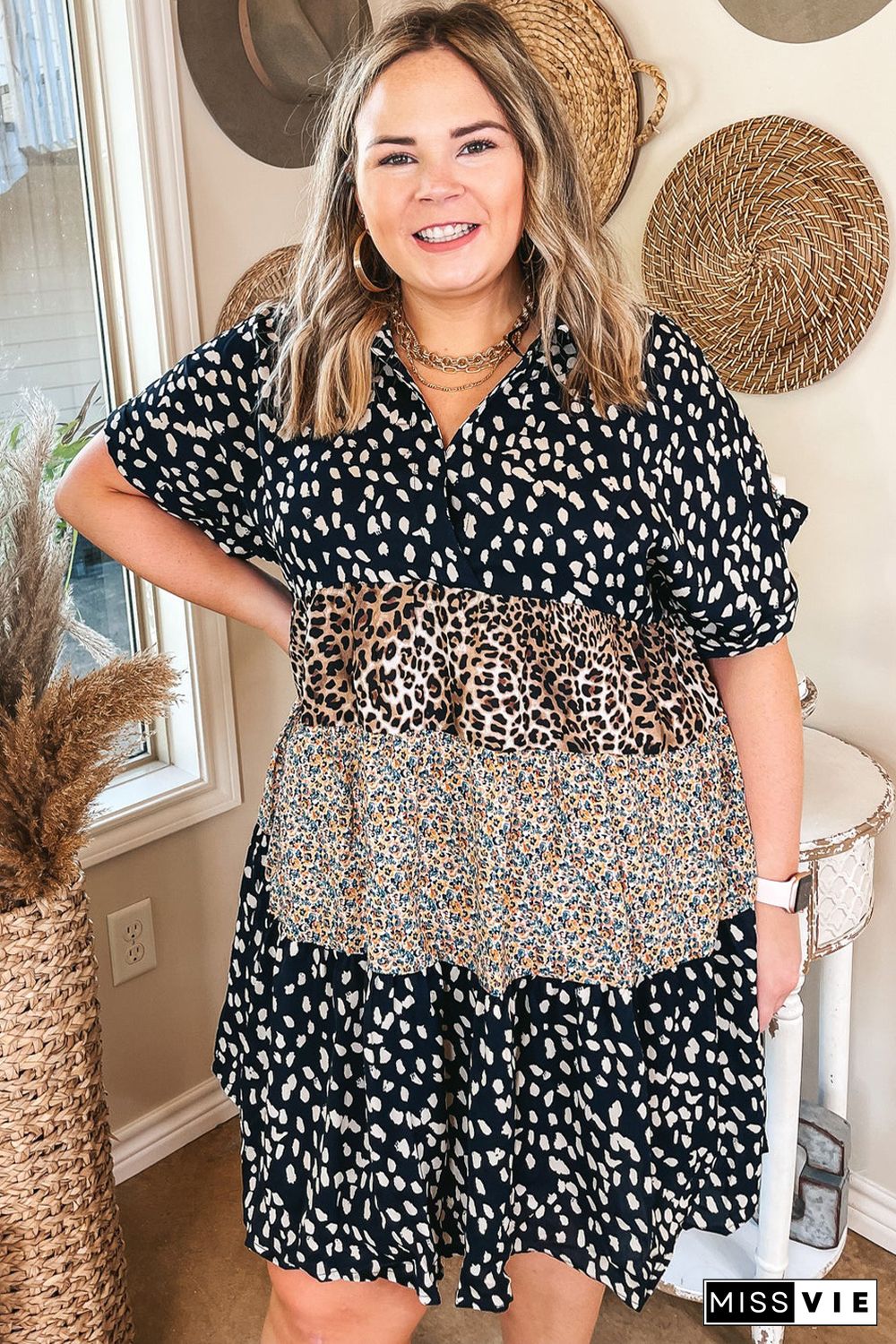 Black Plus Size Floral Animal Print Ruffle Tiered Dress