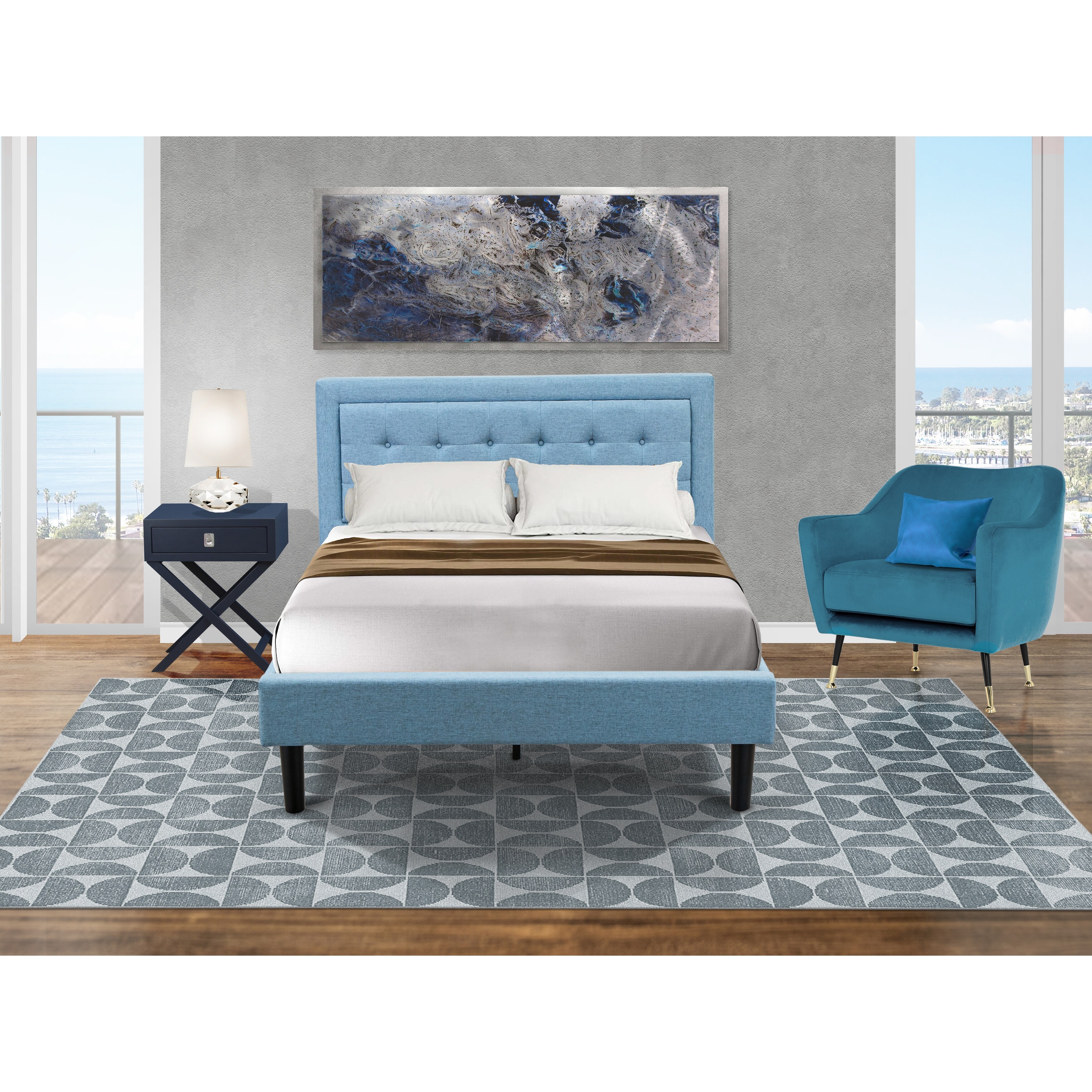 Fannin Full Size Bedroom Set with Wood Bed Frame and a Mid Century Modern Nightstand - Denim Blue Linen Fabric - - 33887394