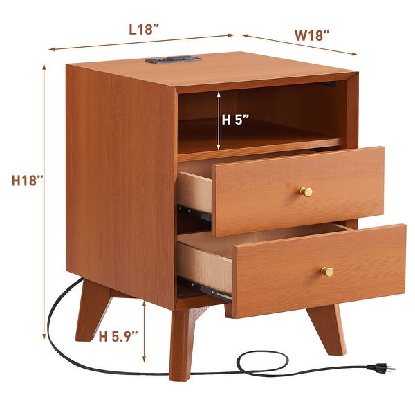 Nightstand with Charging Station， Mid-Centry Modern Nightstand End Table with 2 Stroage Drawers， Easy Assembly Wood - - 37629116