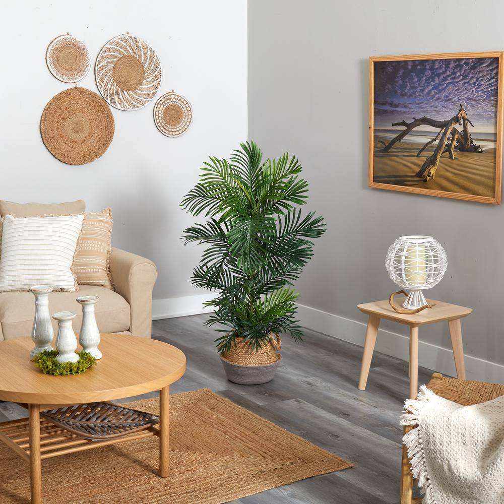 Nearly Natural 4 ft. Areca Artificial Palm Tree in Boho Chic Handmade Cotton and Jute Gray Woven Planter UV Resistant (Indoor/Outdoor) T2906