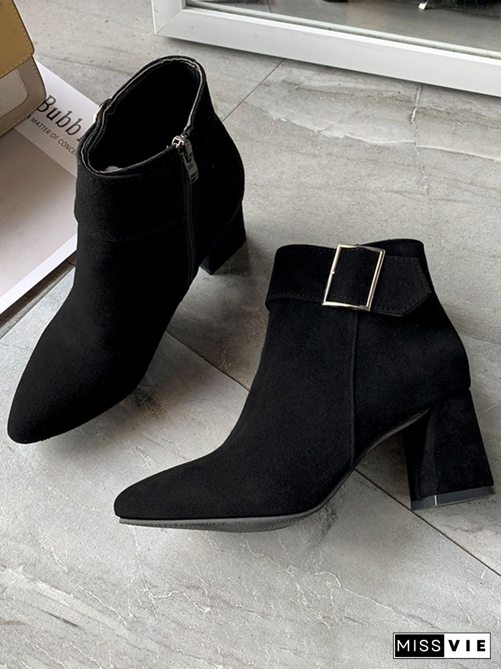 Chunky Heel Buckle Pointed-Toe Suede Martin Boots