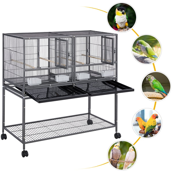 Topeakmart Stackable Metal Wide Bird Cage Divided Bird Breeder Cage with Rolling Stand Black