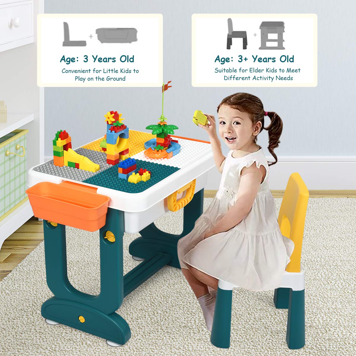 Costzon 5 in 1 Kids Multi Activity Table and Chair Set, Building Block Table w/Double-Sided Board