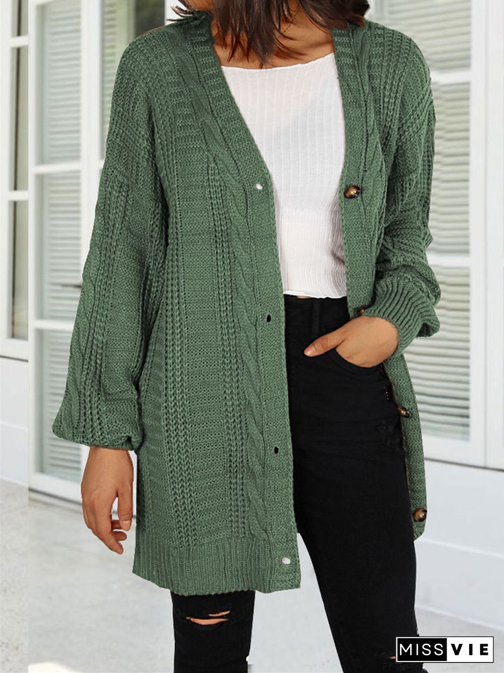 Solid Color V-neck Lantern Sleeve Cardigan Sweater