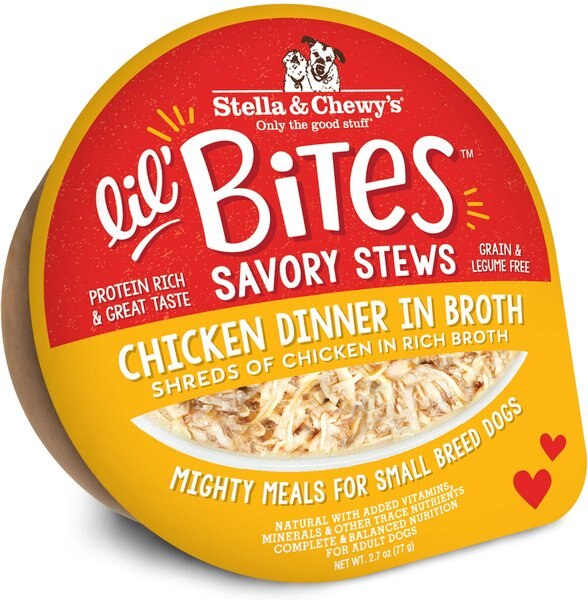 Stella and Chewy's Lil Bites Savory Stews Grain-Free Chicken in Broth Flavored Shredded Small Breed Wet Dog Food， 2.7-oz cup， case of 12