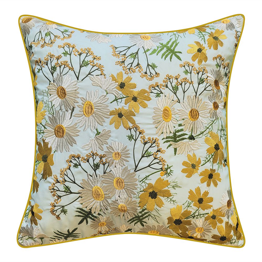 Edie@Home Indoor Outdoor Floral Print with Allover Embroidery Throw Pillow