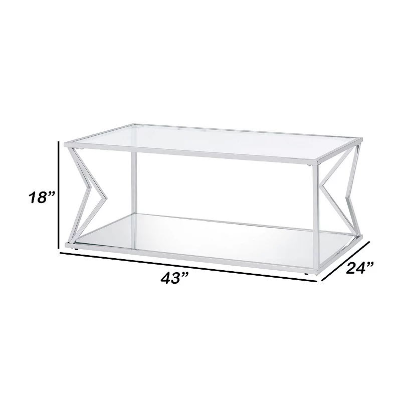 Coffee Table with Glass Top and Bottom Shelf and Geometric Accent， Silver