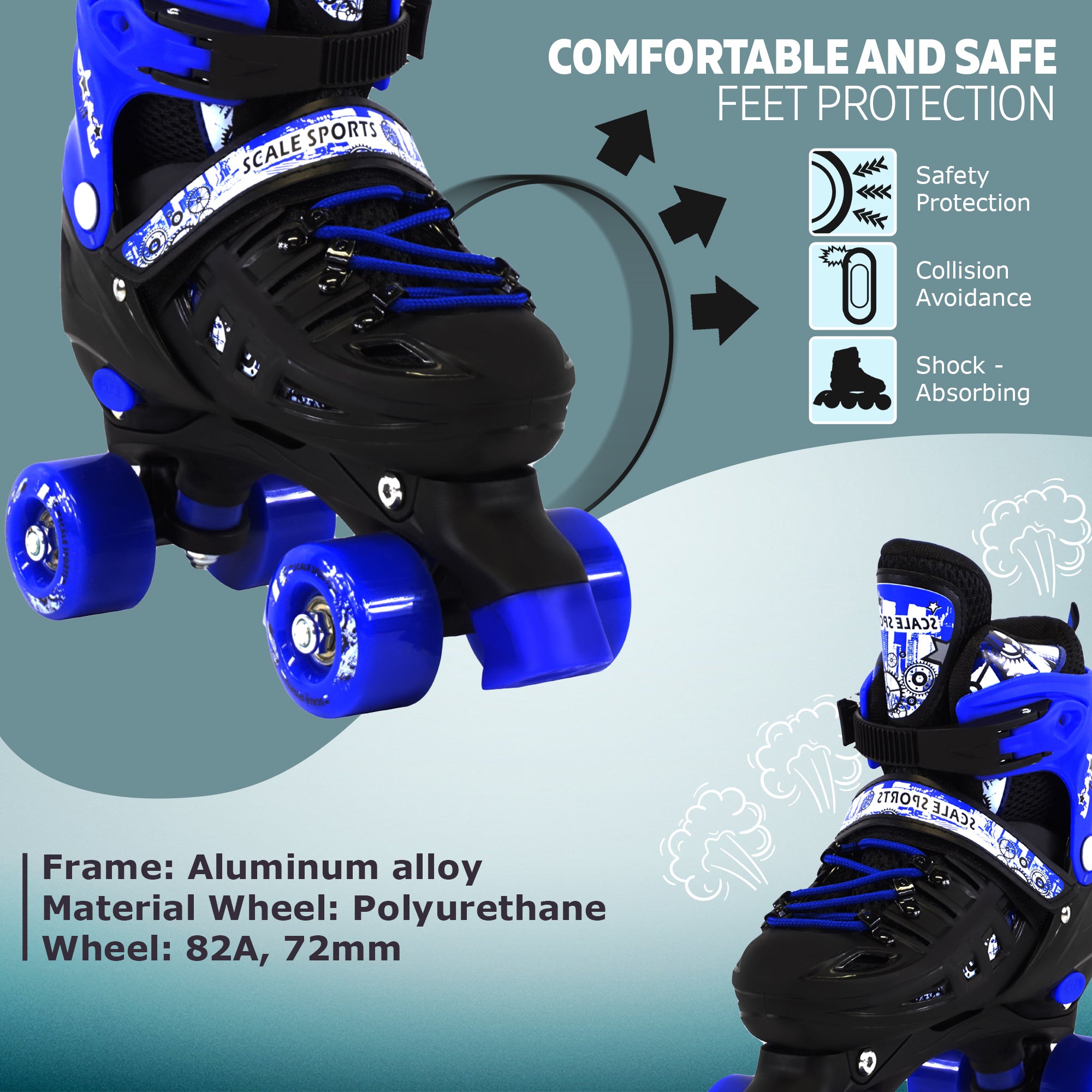 Adjustable Blue Quad Roller Skates For Kids Large Sizes