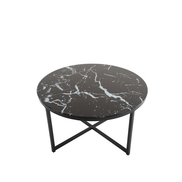 EPOWP Cross Legs Glass Coffee Table with Metal Base， Marble Black Color Top