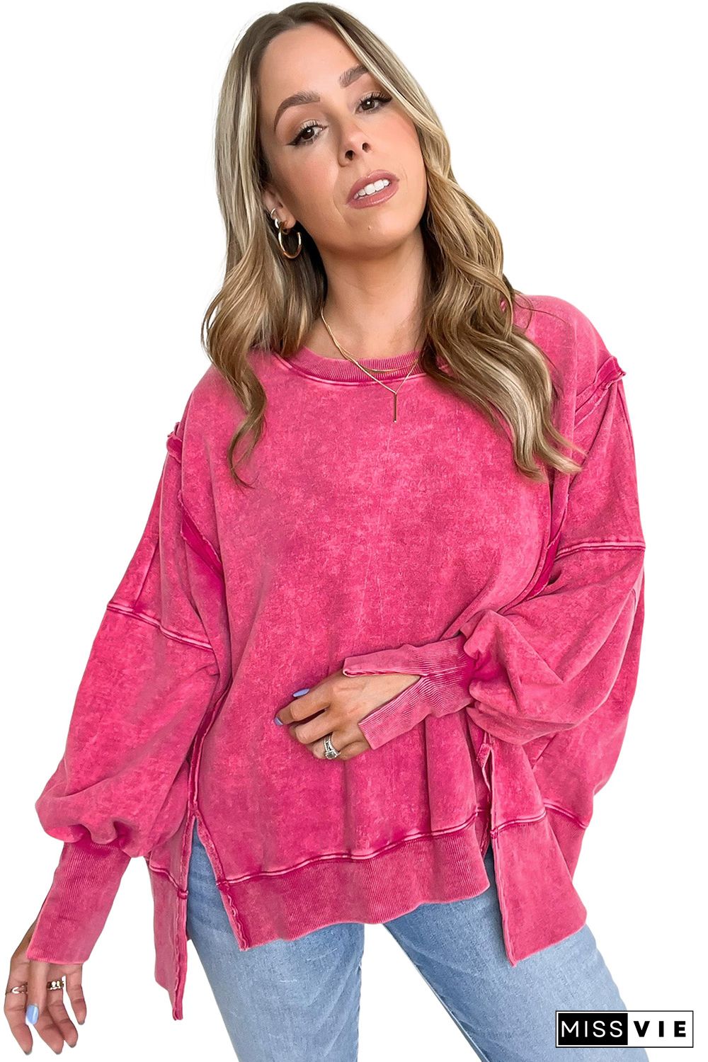 Rose Acid Wash Relaxed Fit Seamed Pullover Sweatshirt with Slits