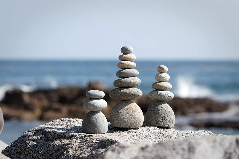 garden decoration outdoor stone, natural river stone triple rock cairn 3 stacked zen garden pile stone