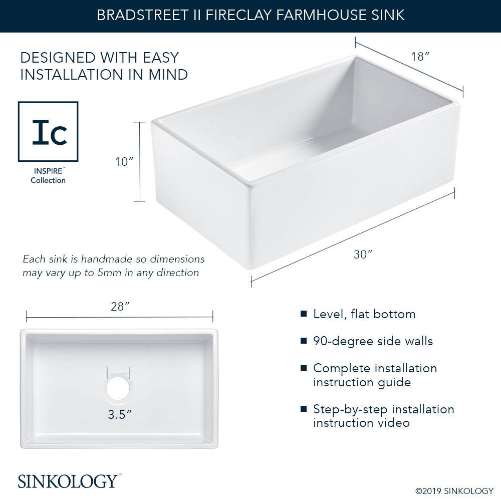 SINKOLOGY Bradstreet II 30 in. Farmhouse Single Bowl Crisp White Fireclay Kitchen Sink SK499-30FC