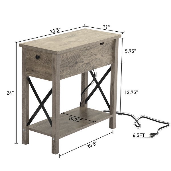 Flip Top End Table Charging Station Narrow Side Table with Drawer Gray