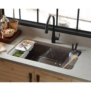 KOHLER Riverby Undermount Cast Iron 33 in. 5-Hole Single Bowl Kitchen Sink with Accessories in White K-RH5871-5UA3-0